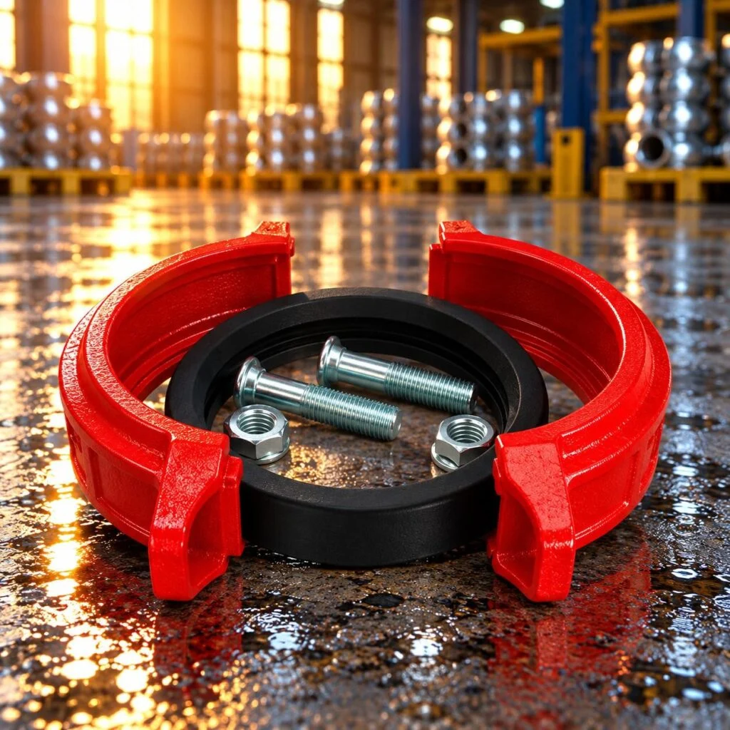 Grooved pipe coupling housing with gasket, bolts and nuts shown separately