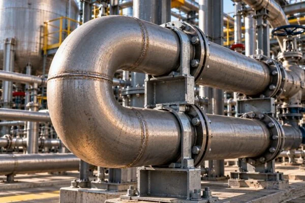 180-degree return elbow joining parallel flanged pipe runs