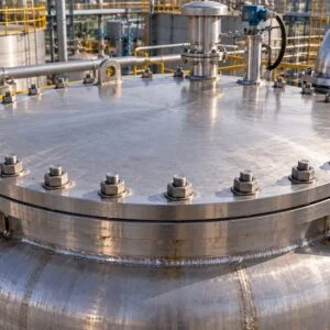 Couvercle plat circulaire boulonné sur le dessus d’un récipient