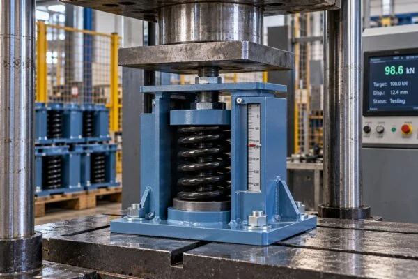 Base-mounted spring support under a compression testing press
