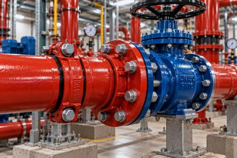 Grooved flange adapter connecting red pipework to a blue valve