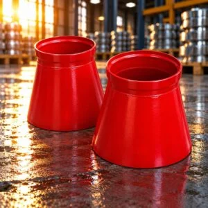 Two red grooved reducers showing the transition between large and small ends
