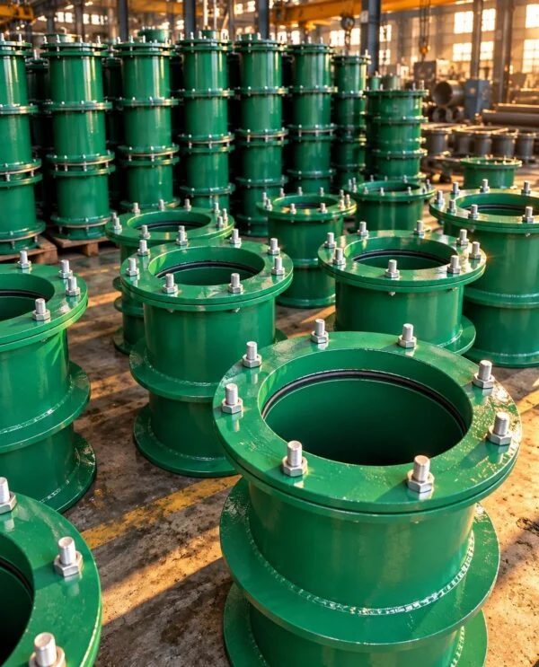 Flexible waterproof sleeves with bolted end glands and external water-stop rings