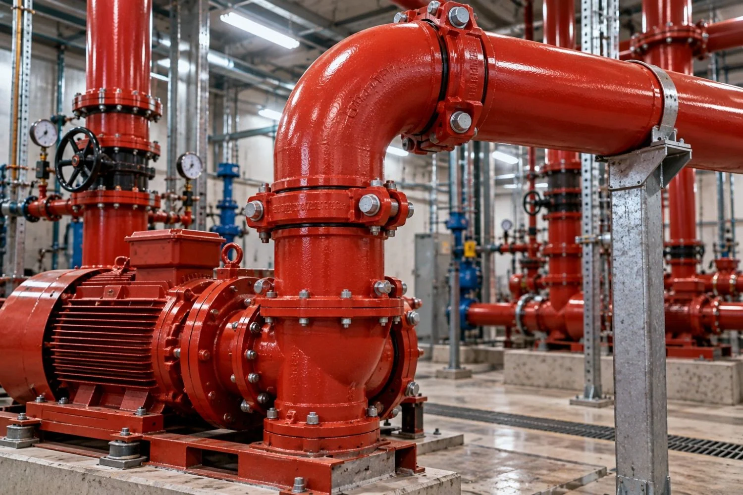 Grooved 90-degree elbow connecting pump pipework to a vertical pipe