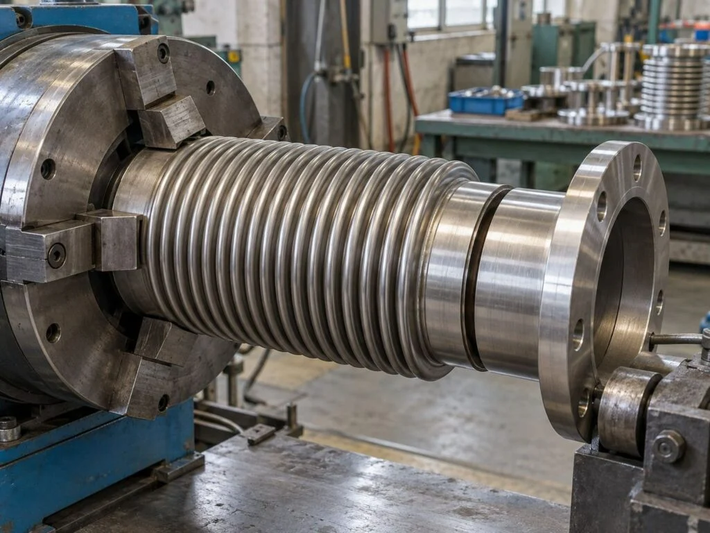 Metal bellows manufacturing illustration showing a convoluted assembly held in a lathe