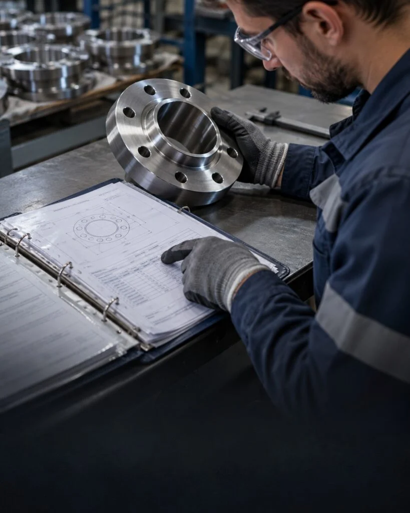 Quality documentation illustration for JINYI certifications, showing a flange with drawings and records