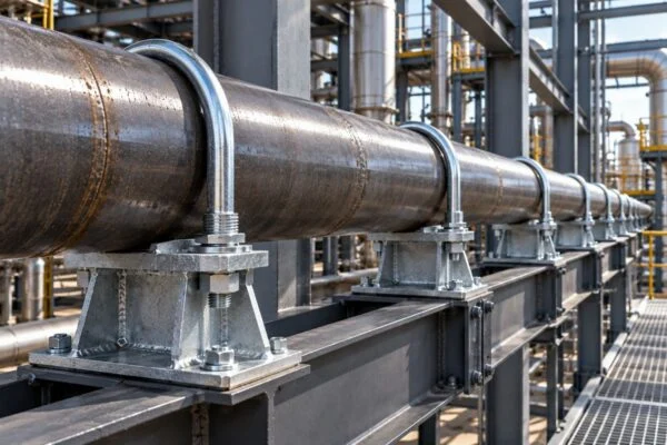 U-bolt pipe supports installed at intervals along a pipeline