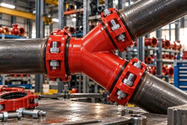 Grooved wye showing the branch junction and bolted end couplings