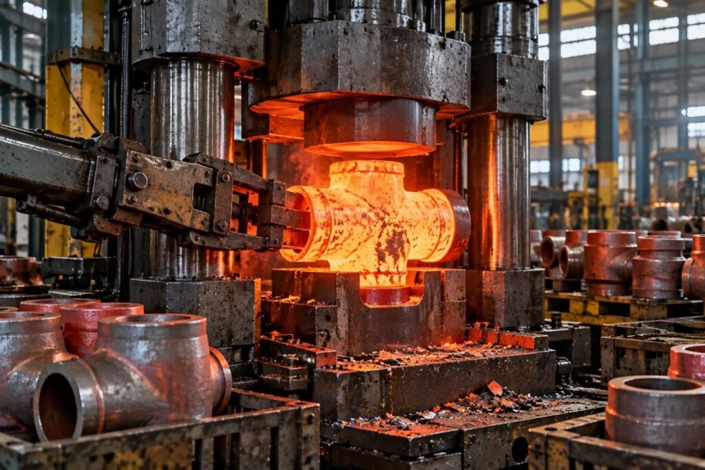 Illustration de métal chauffé mis en forme sous une presse de forge
