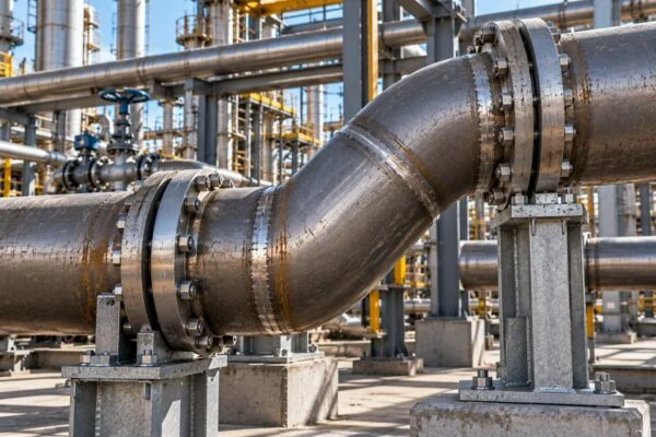 Pipe elbow connecting offset sections of flanged industrial pipework