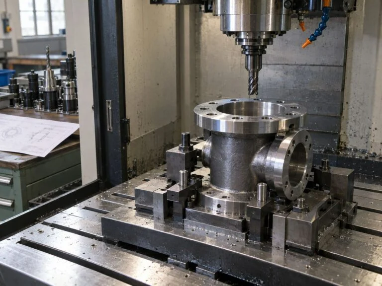 Hình minh họa gá đặt CNC với chi tiết mặt bích được kẹp dưới trục chính