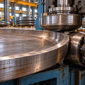 Circular tank head during machining of its outer rim