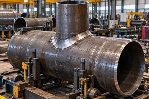 Reducing pipe tee showing its branch weld and open main pipe end