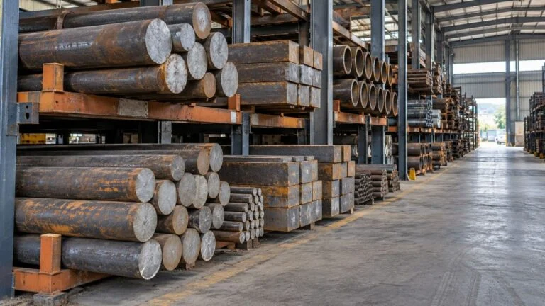 Material storage illustration showing steel bar stock on warehouse racks