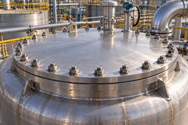 Couvercle plat circulaire boulonné sur le dessus d’un récipient