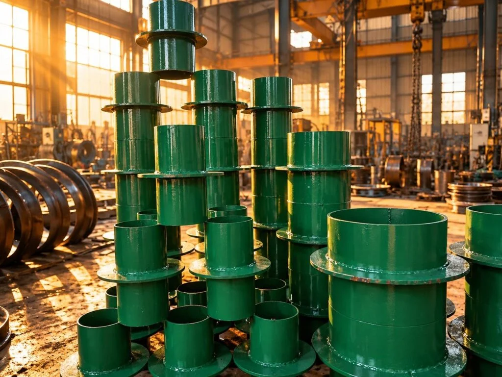 Passa-muros estanques com mangas cilíndricas verdes e flanges centrais de estanquidade