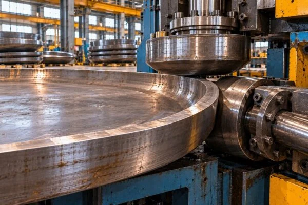Circular tank head during machining of its outer rim
