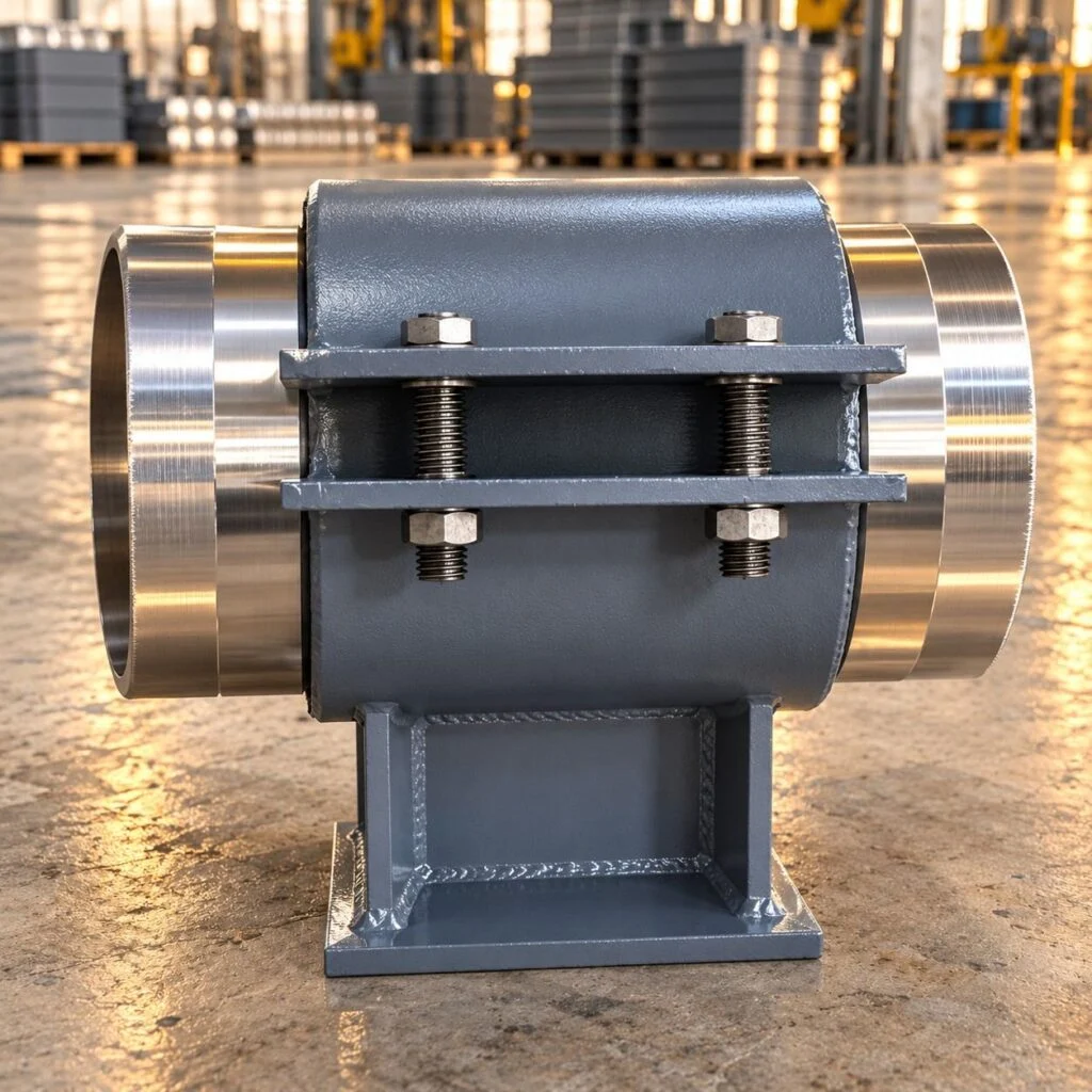 Clamp pipe shoe with a split bolted saddle and raised support base