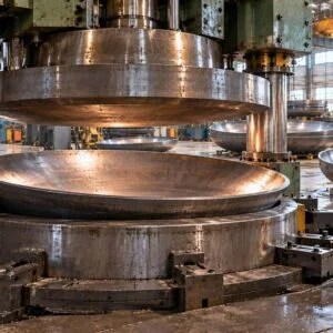 Dished tank head positioned beneath a forming press