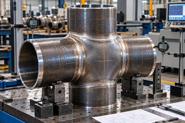 Pipe cross held in an inspection fixture with measuring gauges