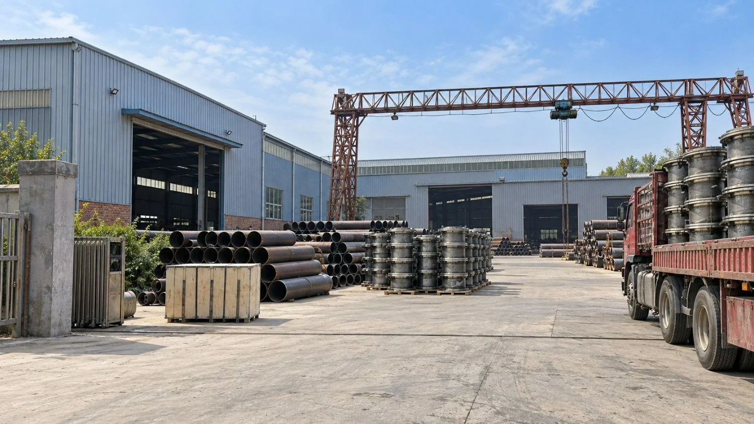 Ilustración de la entrada de la fábrica y el patio de carga que acompaña a la información de contacto de JINYI