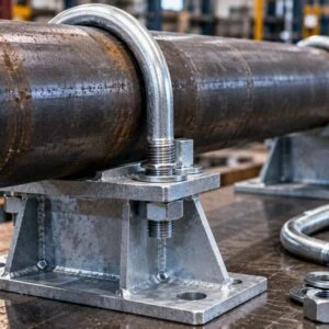 U-bolt pipe support showing the curved bolt and reinforced base