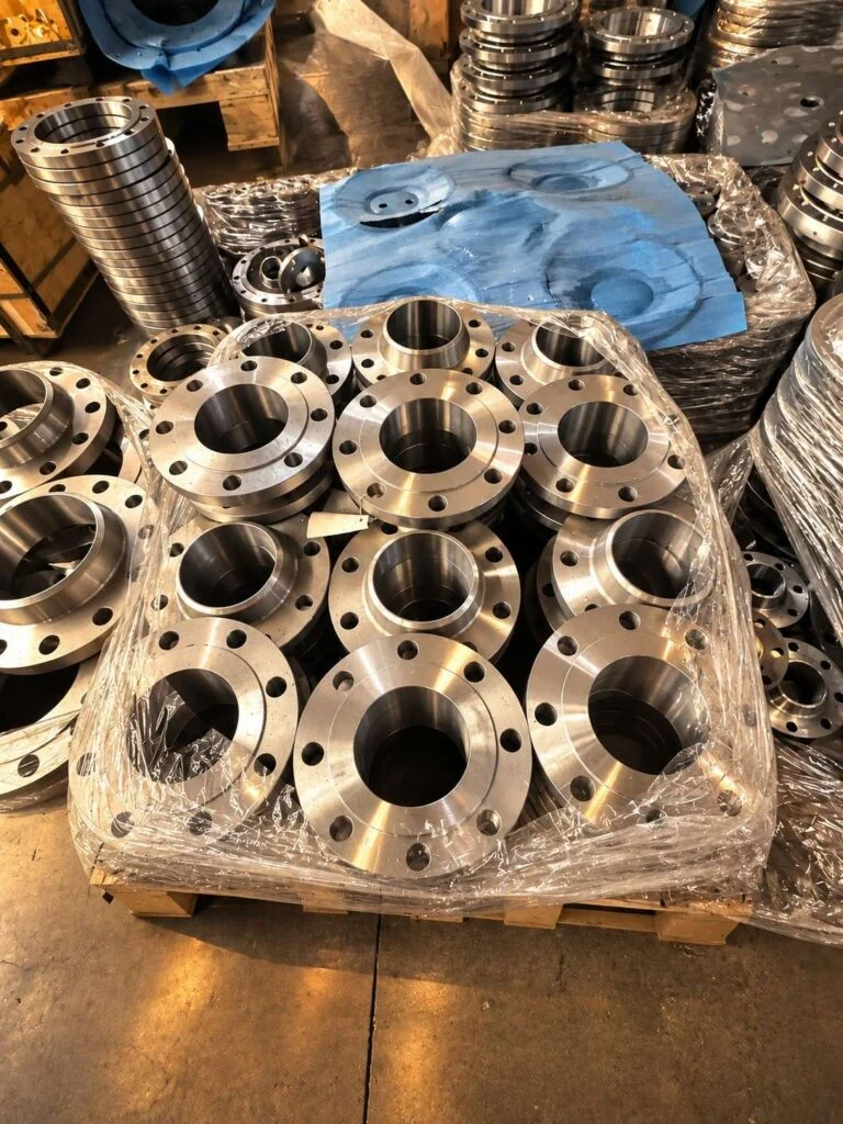 Group of weld neck flanges with visible welding necks