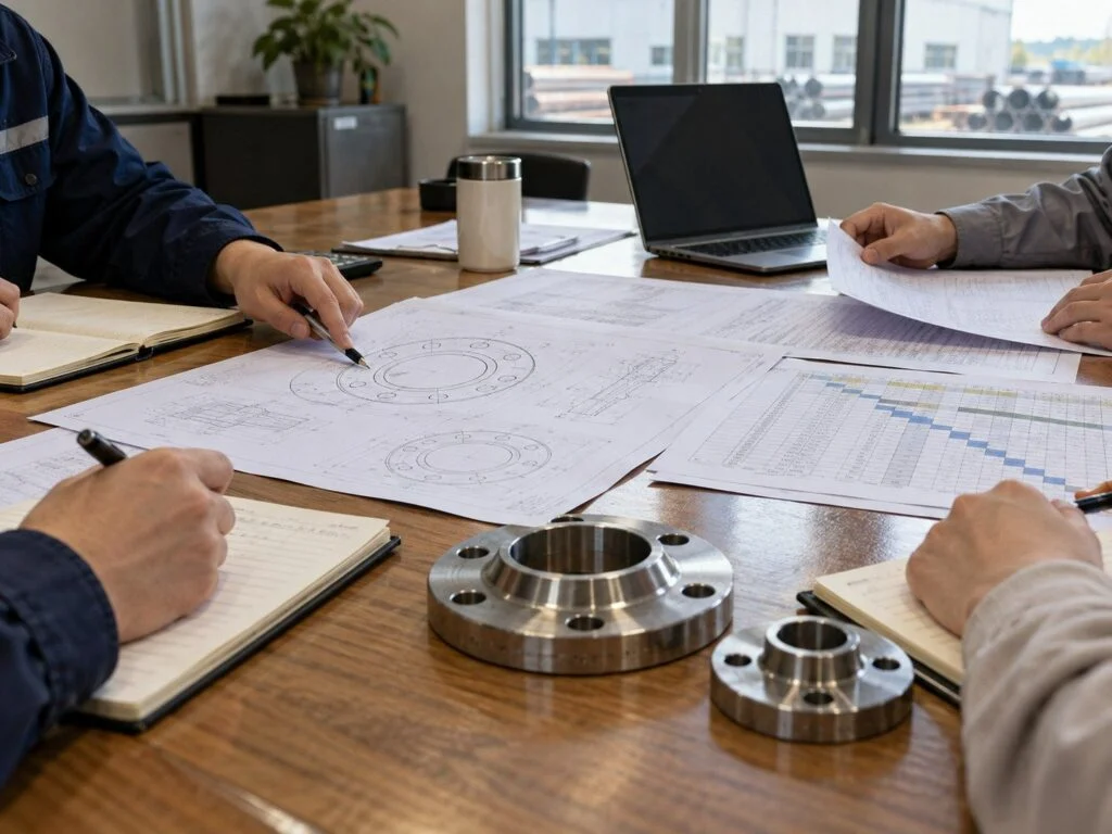 Hình minh họa rà soát đơn hàng với bàn tay, bản vẽ kỹ thuật và mẫu mặt bích thép