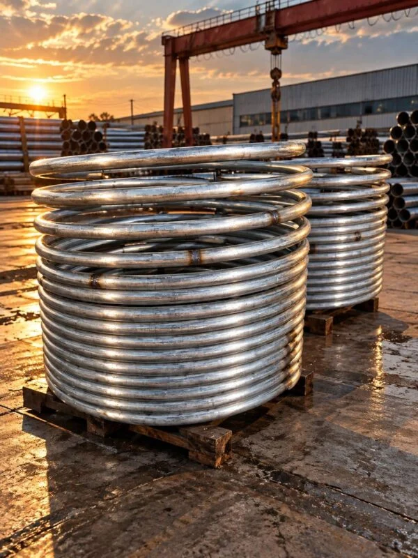 Serpentín tubular con vueltas circulares repetidas apiladas verticalmente