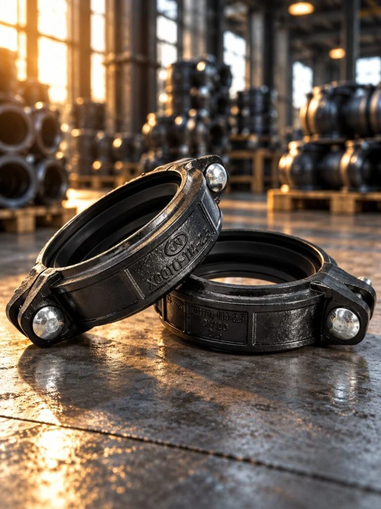 Piping prefabrication: Two dark grooved pipe couplings showing their housing and bolt connections