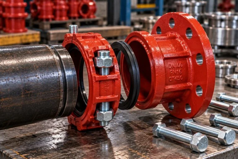 Grooved flange adapter showing the coupling and drilled flange