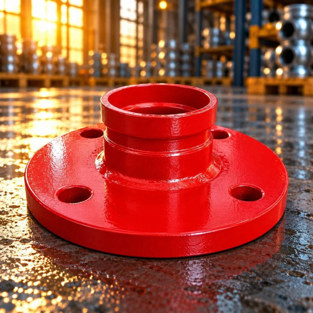 Red grooved flange adapter with a short neck and drilled flange face