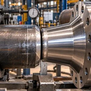 Long weld neck flange fitted to a pipe end during inspection