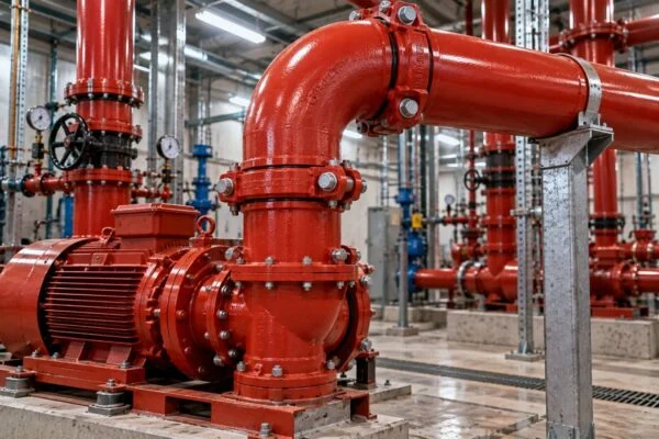 Grooved 90-degree elbow connecting pump pipework to a vertical pipe