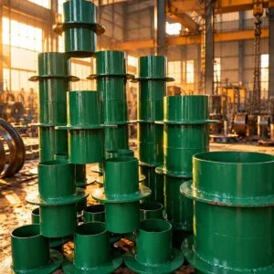 Green rigid wall sleeves showing their central water-stop flanges