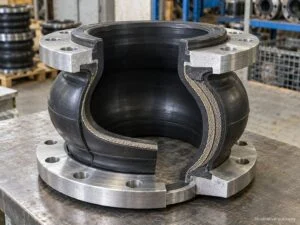 Cutaway illustration of a rubber expansion joint showing reinforced body layers and flanged ends