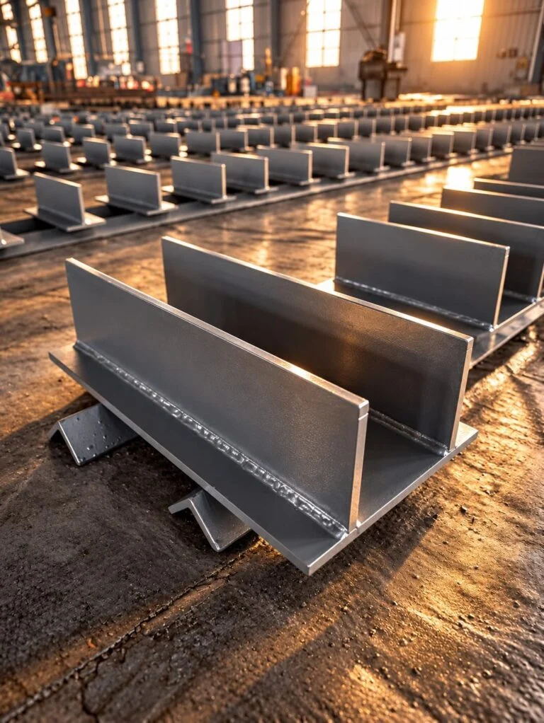 Welded steel pipe shoes with horizontal base plates and upright webs