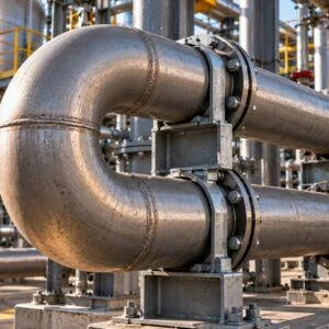 180-degree return elbow joining parallel flanged pipe runs