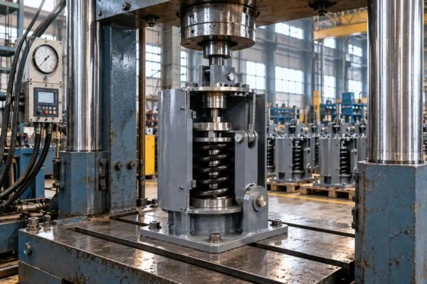 Compact spring support assembly beneath a testing press