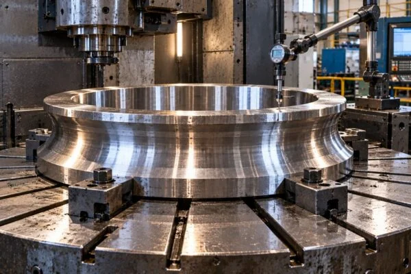 Ébauche d’anneau profilé maintenue sur une table de machine pendant l’usinage