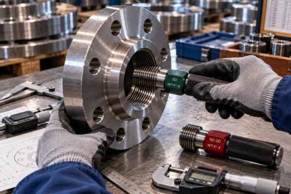 Threaded flange with a gauge inserted into the threaded bore