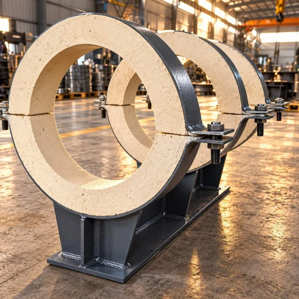 Soporte aislado para tuberías con los segmentos de revestimiento y la abrazadera atornillada visibles