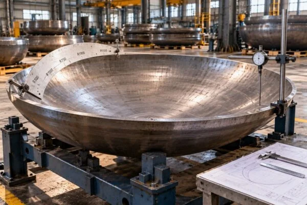 Dished tank head with inspection gauges positioned beside its rim