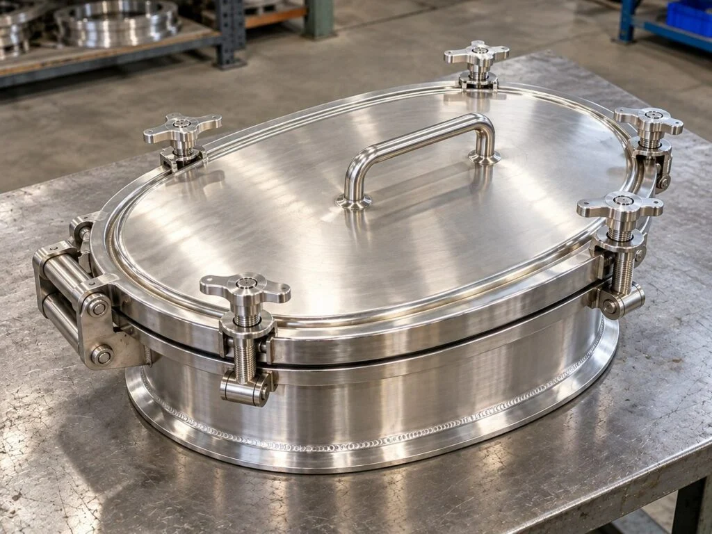 Tank manhole covers manufacturing: oval stainless steel tank manway illustration with a closed cover and perimeter fasteners