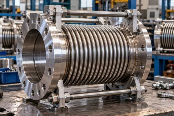 Metal bellows expansion joint showing corrugations, flanges and tie rods