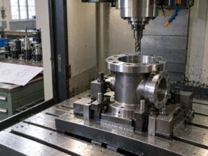 Hình minh họa gá đặt CNC với chi tiết mặt bích được kẹp dưới trục chính