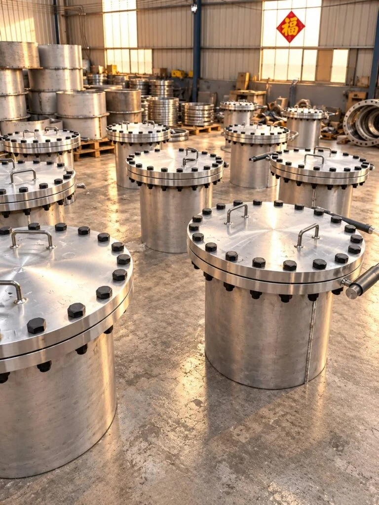 Circular manway necks and bolted covers arranged in a workshop