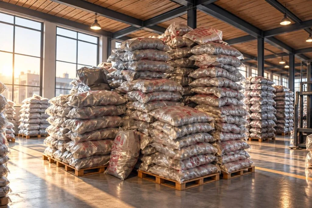 Stock de raccords emballés et empilés en entrepôt