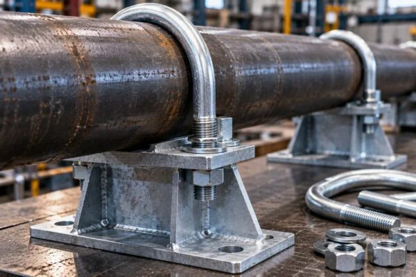 U-bolt pipe support showing the curved bolt and reinforced base