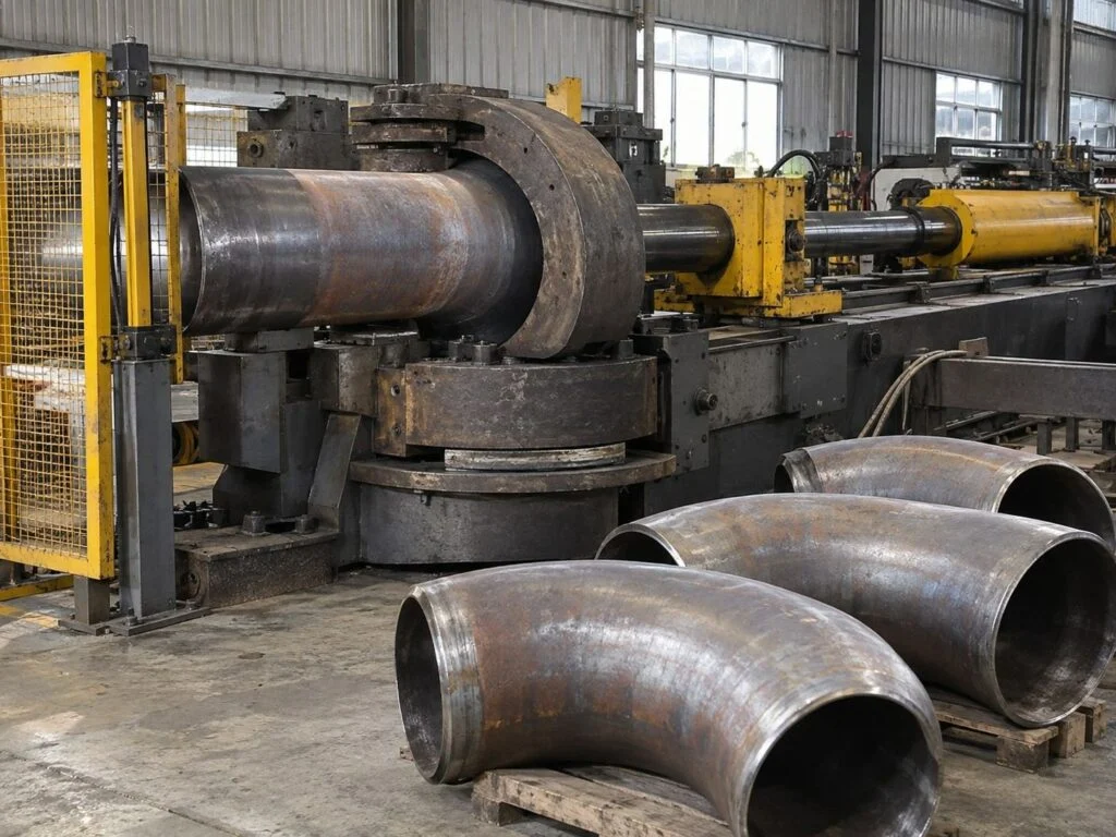 Illustration du formage de coudes avec machine hydraulique et coudes en acier